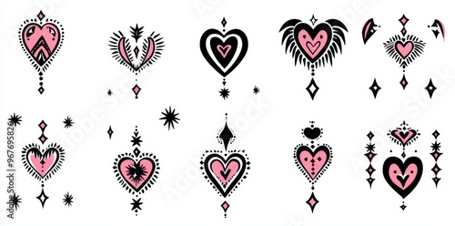 A neo tribal tattoo design of heart and butterfly in a cyber sigilism style. Modern illustration of emo gothic tribal tattoo design made with black and pink colors. photo