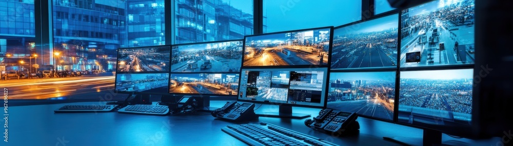 High-tech control room featuring multiple monitors displaying urban surveillance footage and data analytics in a blue ambiance. High-tech control room featuring multiple monitors displaying urban surveillance footage and data analytics in a blue ambiance.