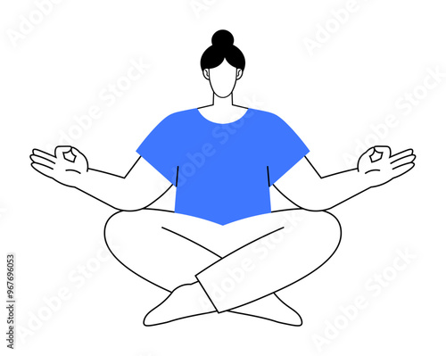 Woman sitting cross-legged in a yoga pose, meditating with hands in a mudra gesture. Ideal for meditation, wellness, mindfulness, yoga, relaxation themes. Simple line style.