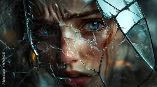 Close-up of a Woman's Eye Through Cracked Glass