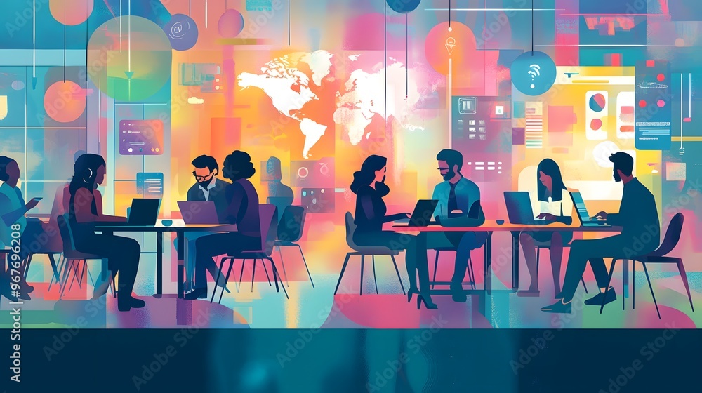 A vibrant illustration of an interactive digital conference room, with people gathered around tables using laptops and tablets to engage in lively discussions about global market trends and product A vibrant illustration of an interactive digital conference room, with people gathered around tables using laptops and tablets to engage in lively discussions about global market trends and product