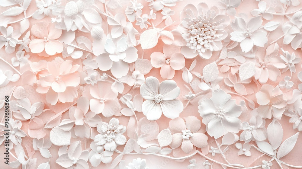 White floral background design featuring a variety of intricate paper flowers on a soft pink surface, ideal for decorative purposes White floral background design featuring a variety of intricate paper flowers on a soft pink surface, ideal for decorative purposes