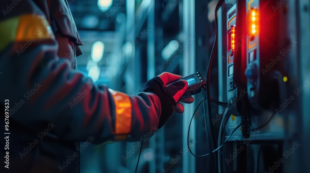 A technician monitors data system readings in a modern server room, showcasing advanced technology and work environment.