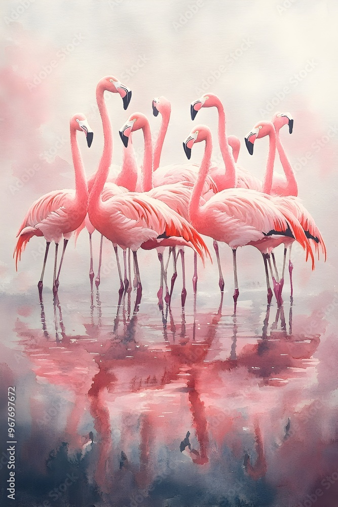 Obraz premium Ethereal Flamingo Flock Wading in Tranquil Watercolor Lake Reflection