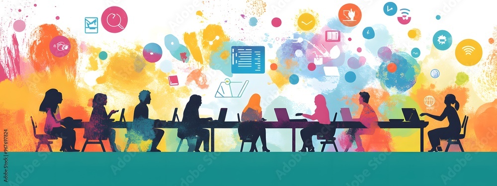 Obraz premium A vibrant illustration of an interactive digital conference room, with people gathered around tables using laptops and tablets to engage in lively discussions about global market trends and product