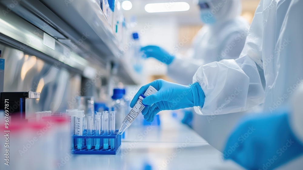 Scientist Conducting Medical Laboratory Experiment with Pipette and Test Tubes Scientist Conducting Medical Laboratory Experiment with Pipette and Test Tubes