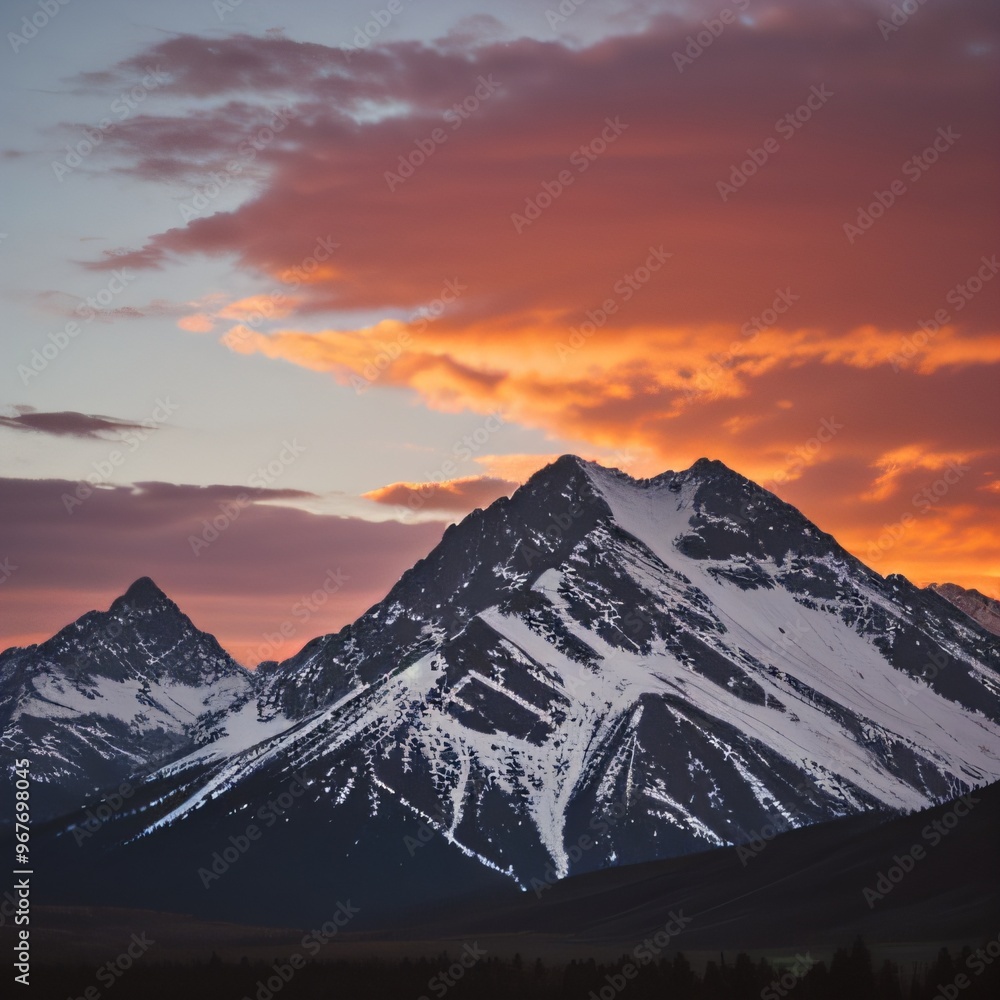 Obraz premium Breathtaking Sunset Over Snow-Capped Mountain Peaks and Forests..