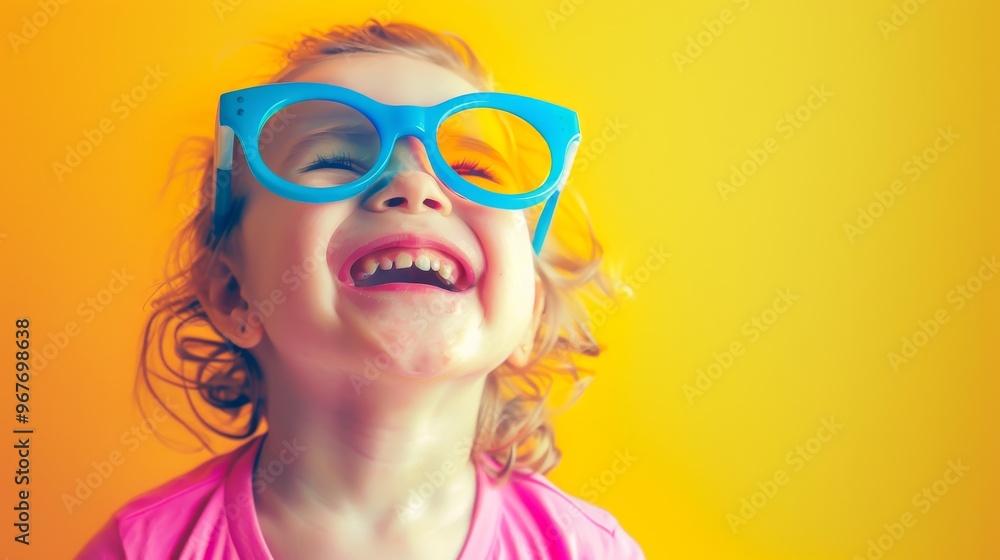 A joyful child wearing oversized blue glasses beams with happiness against a vibrant yellow background. A joyful child wearing oversized blue glasses beams with happiness against a vibrant yellow background.