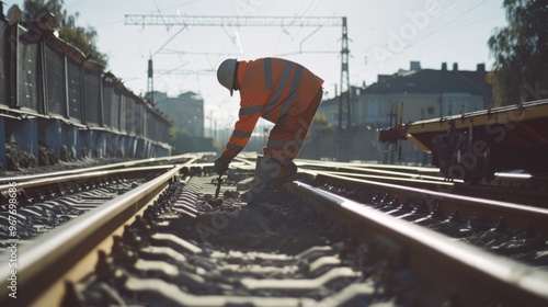 A construction worker in high-visibility gear meticulously checks the railway tracks under bright daylight, ensuring safety and precision.