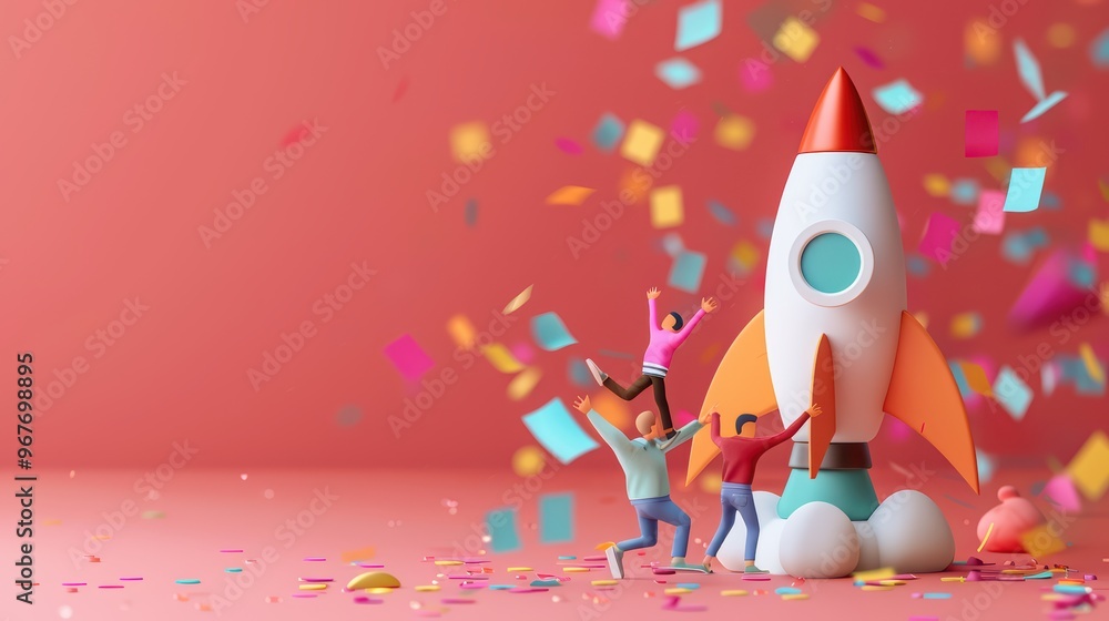 A vibrant celebration with playful figures and a colorful rocket, symbolizing joy, creativity, and adventure. A vibrant celebration with playful figures and a colorful rocket, symbolizing joy, creativity, and adventure.