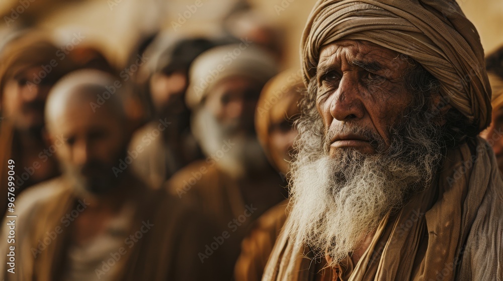 Portrait of an elderly man with a contemplative expression, surrounded by a group wearing traditional attire, evoking a sense of history and community. Portrait of an elderly man with a contemplative expression, surrounded by a group wearing traditional attire, evoking a sense of history and community.