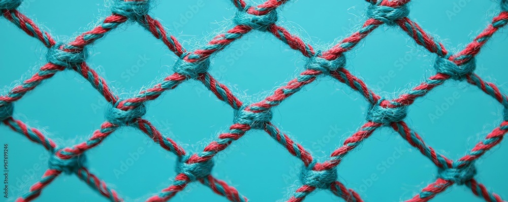 Fototapeta premium Close-up view of a colorful rope net against a turquoise background, showcasing texture and woven patterns.