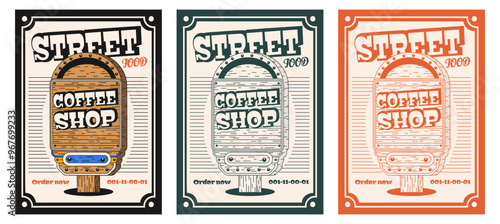 Poster of a coffee shop in the style of the 70s. Vector illustration of a coffee shop print in monochrome minimalism.