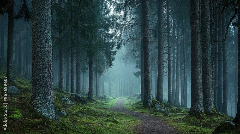 Fototapeta premium A serene walking path through a foggy forest surrounded by tall trees and lush greenery during early morning light