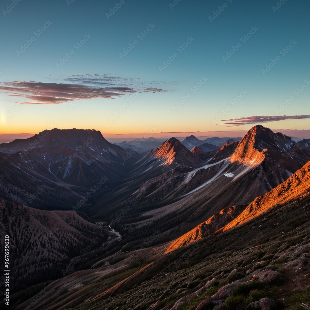 Naklejka premium Breathtaking Sunset Over Snow-Capped Mountain Peaks and Forests..