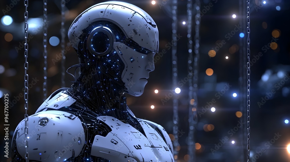 A robotic entity facing judgment, bound by the symbolic chains of law, as the judge announces the fateful verdict focus on, justice and ethics, dynamic, Overlay, digital courtroom backdrop A robotic entity facing judgment, bound by the symbolic chains of law, as the judge announces the fateful verdict focus on, justice and ethics, dynamic, Overlay, digital courtroom backdrop