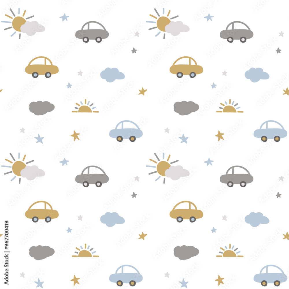 Cute seamless pattern with cars, sun and clouds in doodle style of white background. Flat hand drawn vector background for wrapping paper, children's merch, baby shower, fabric, textile. EPS10 Cute seamless pattern with cars, sun and clouds in doodle style of white background. Flat hand drawn vector background for wrapping paper, children's merch, baby shower, fabric, textile. EPS10