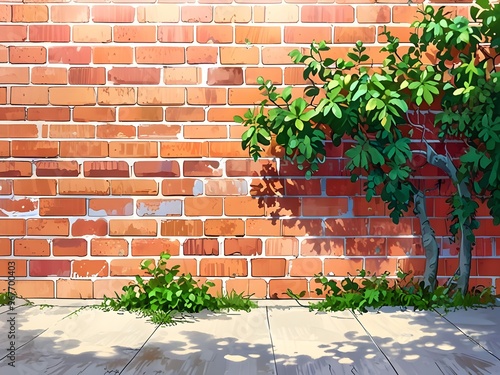 Brick Wall with Greenery and Sunlight