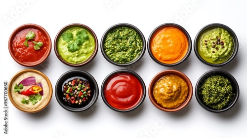 An assortment of colorful sauces and dips in small bowls arranged in a grid pattern on a white background. photo