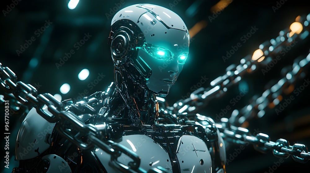 Fototapeta premium A humanoid AI robot, bound by heavy, metallic chains, its glowing eyes dimmed, symbolizing the heavy legal consequences of its programming flaws