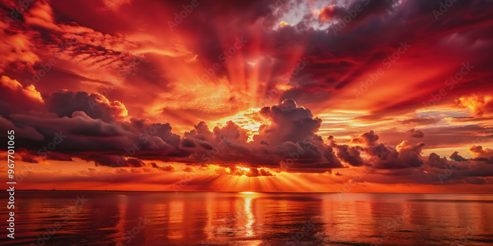 Red sunset reflecting on the sea, with dark clouds and rays of light , Red, sunset, sea, dark clouds, rays of light, dramatic Red sunset reflecting on the sea, with dark clouds and rays of light , Red, sunset, sea, dark clouds, rays of light, dramatic