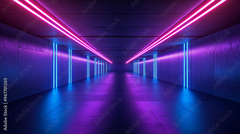 A vibrant corridor illuminated by neon lights in a modern architectural space at night A vibrant corridor illuminated by neon lights in a modern architectural space at night