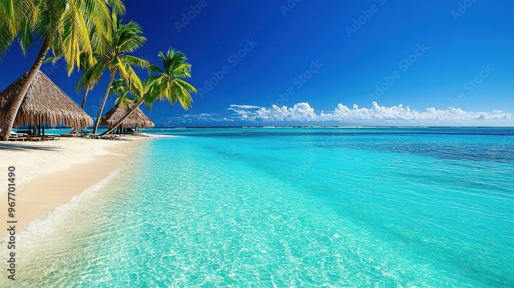 Naklejka premium Crystal-clear turquoise waters lapping gently against a sandy beach lined with swaying palm trees on a sunny tropical day