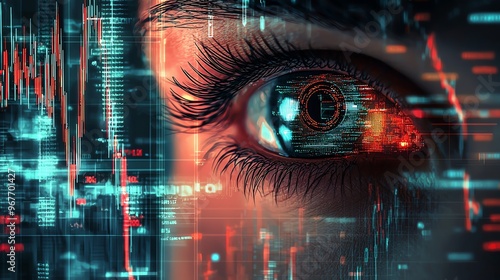 A close-up of a human eye with digital data overlays, symbolizing vision, technology, and data analysis in a futuristic context.