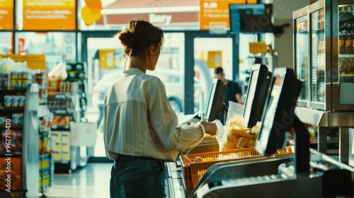 A woman at a self-checkout station in a bright, modern grocery store, illuminated by natural light, embodying convenience and efficiency. photo