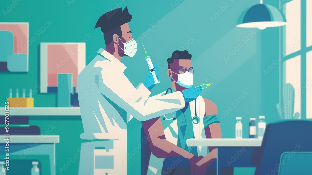 A healthcare worker administering a vaccine to a patient, promoting public health and safety. A healthcare worker administering a vaccine to a patient, promoting public health and safety.