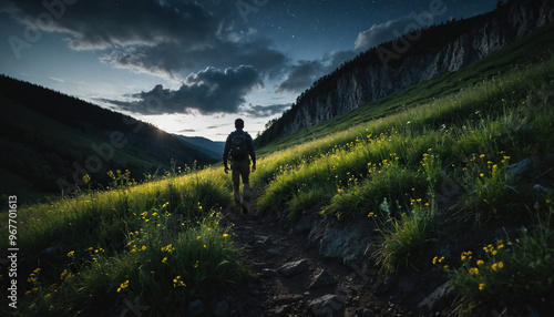 Meadow Wanders in Cloudy Summer: The Seeker's Trek Immersed in Landslide photo