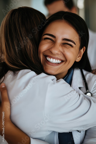 A happy joyful healthy patient hugs the doctor in the background of the clinic