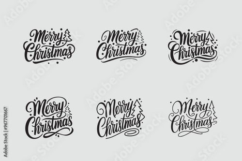 Set of Handwritten Calligraphic Merry Christmas Lettering for Greeting Cards Typography