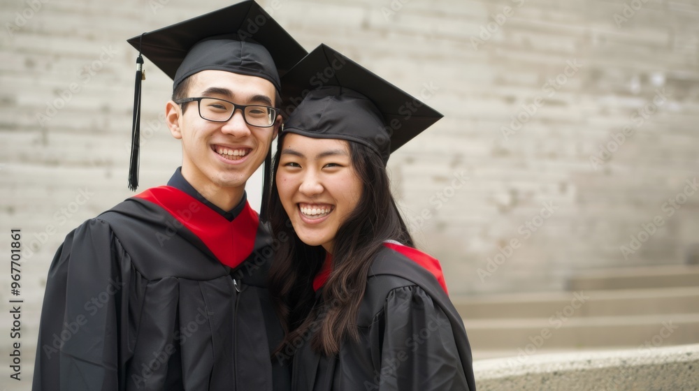 Fototapeta premium Two happy graduates in black caps and gowns, embracing and smiling brightly, celebrating their academic achievements.
