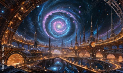 Futuristic Alien City Under Cosmic Vortex