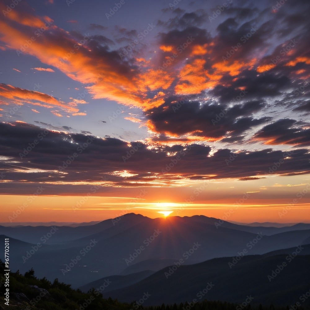 Fototapeta premium Breathtaking Sunset Over Snow-Capped Mountain Peaks and Forests..