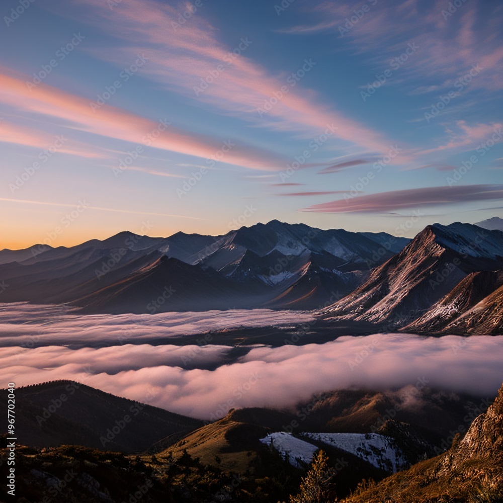 Naklejka premium Breathtaking Sunset Over Snow-Capped Mountain Peaks and Forests..