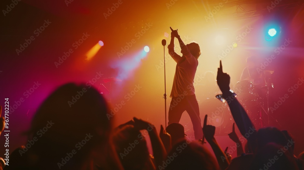 A dynamic concert scene with a singer passionately performing under vivid stage lights, surrounded by an enthusiastic crowd, capturing the energy and excitement of live music. A dynamic concert scene with a singer passionately performing under vivid stage lights, surrounded by an enthusiastic crowd, capturing the energy and excitement of live music.