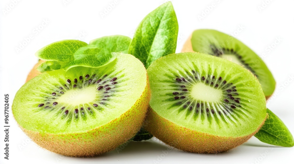 Fototapeta premium Sliced kiwi fruit with green leaves, isolated on a white background.