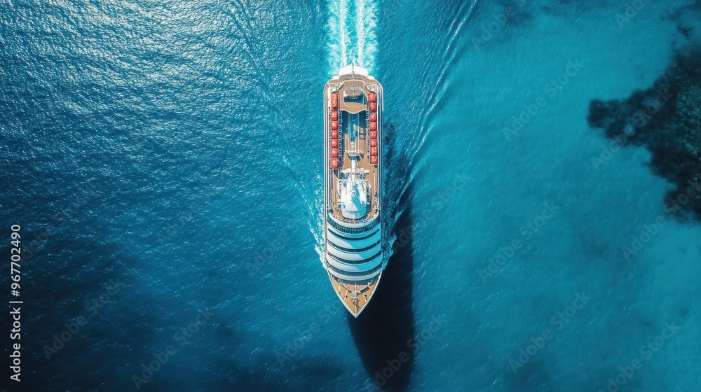 Aerial view of a cruise ship navigating through clear blue waters. Aerial view of a cruise ship navigating through clear blue waters.