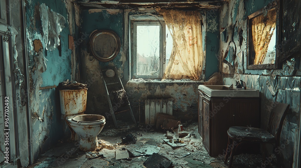 A dilapidated bathroom with peeling paint, rusted fixtures, and cluttered debris, showcasing signs of neglect and decay. A dilapidated bathroom with peeling paint, rusted fixtures, and cluttered debris, showcasing signs of neglect and decay.