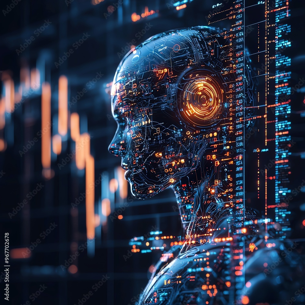 Obraz premium A futuristic digital human with glowing circuits, symbolizing the intersection of technology and humanity in data analysis.