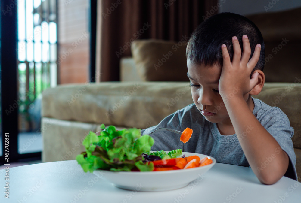 Children do not like to eat vegetables, Little cute boy refuses to eat healthy vegetables, Nutrition healthy eating habits for kids concept, Children do not like to eat vegetables. Children do not like to eat vegetables, Little cute boy refuses to eat healthy vegetables, Nutrition healthy eating habits for kids concept, Children do not like to eat vegetables.