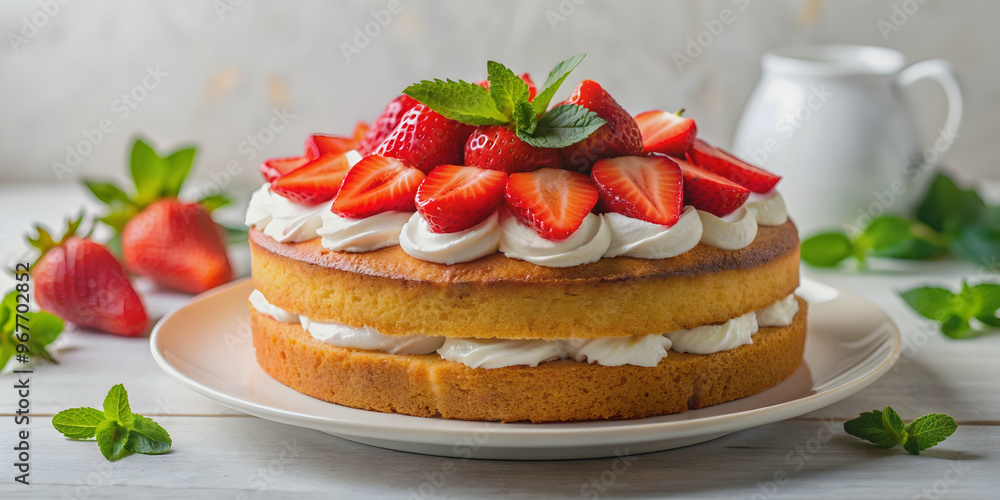Delicious cake topped with fresh strawberries and whipped cream on a white plate, cake, dessert, sweet Delicious cake topped with fresh strawberries and whipped cream on a white plate, cake, dessert, sweet