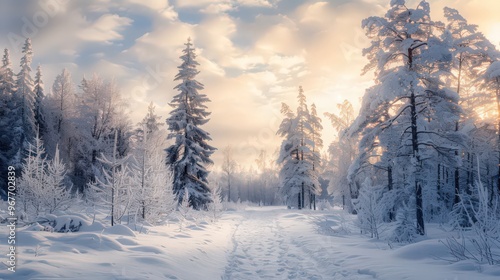 A picturesque snowscape featuring a snowy forest with a quiet, winding trail, framed by tall, frosted trees and a soft, cloudy winter sky.