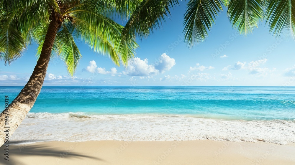 A tranquil beach with clear blue water and palm trees swaying gently in the breeze on a sunny day by the ocean A tranquil beach with clear blue water and palm trees swaying gently in the breeze on a sunny day by the ocean