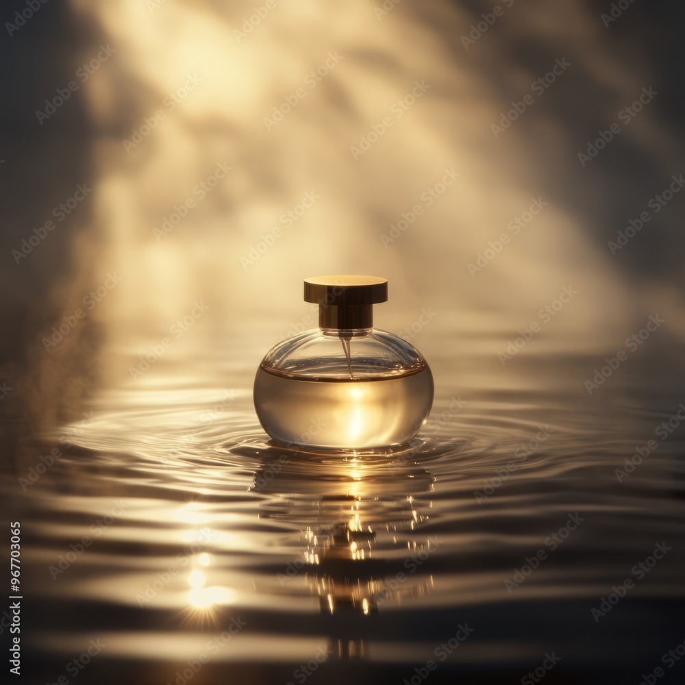 Perfume bottles of body fragrance products rippling on the water surface with fog in the background Perfume bottles of body fragrance products rippling on the water surface with fog in the background