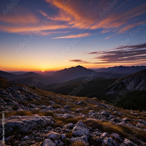 Breathtaking Sunset Over Snow-Capped Mountain Peaks and Forests..