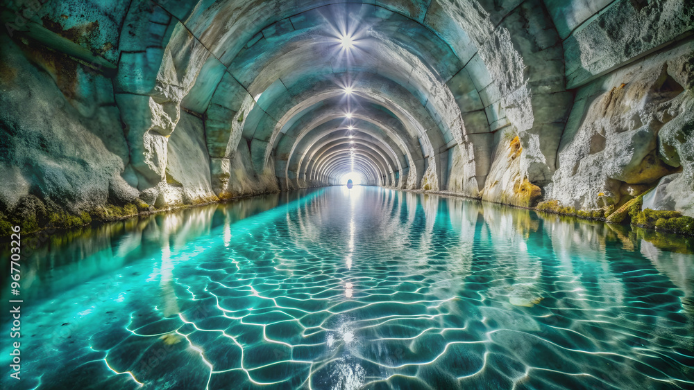 Underground tunnel filled with crystal clear water, tunnel, water, underground, pathway, dark Underground tunnel filled with crystal clear water, tunnel, water, underground, pathway, dark