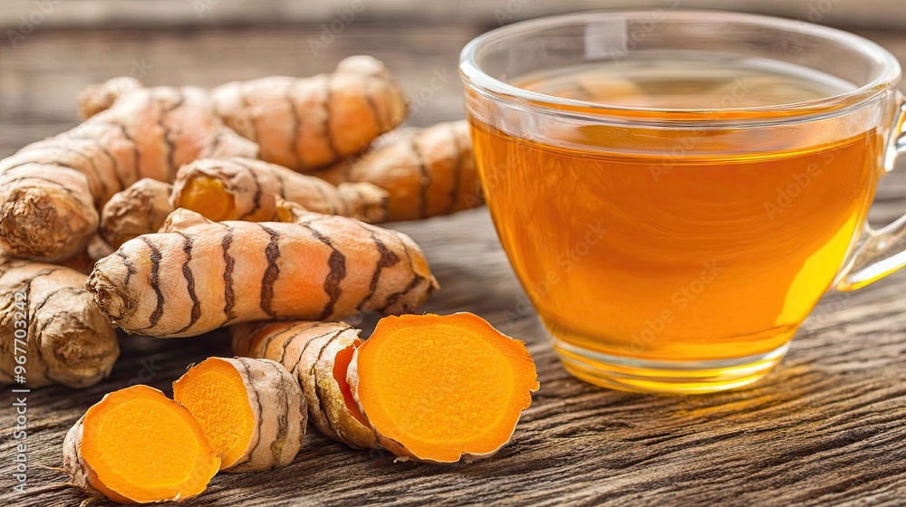 Sliced turmeric root and a cup of turmeric tea, emphasizing its anti-inflammatory properties that support brain health. Sliced turmeric root and a cup of turmeric tea, emphasizing its anti-inflammatory properties that support brain health.